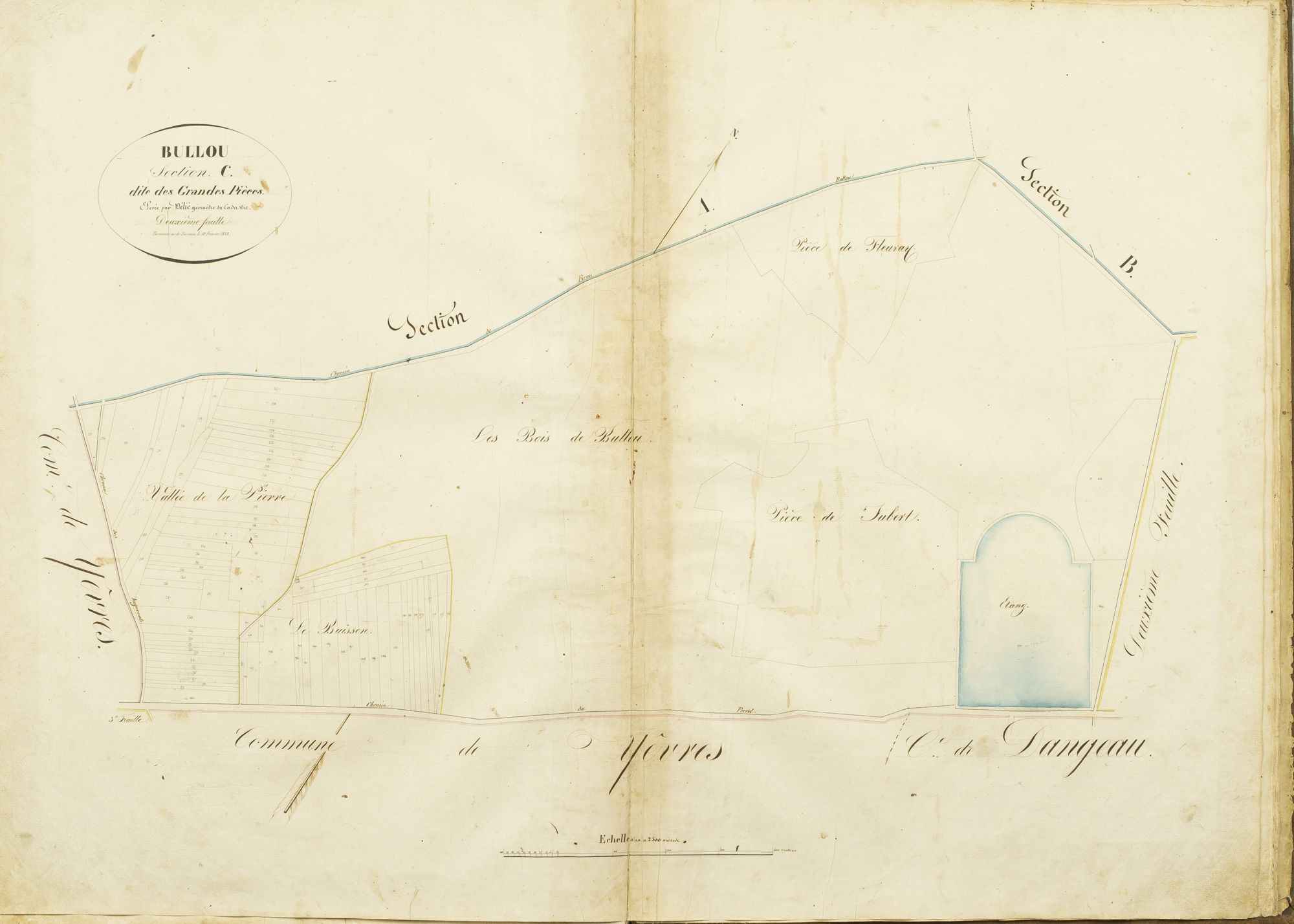 Section C, les Grandes Pièces, feuille 2 / Terminée sur le terrain le 10 février 1823, élevée par M. Delié, géomètre du cadastre.