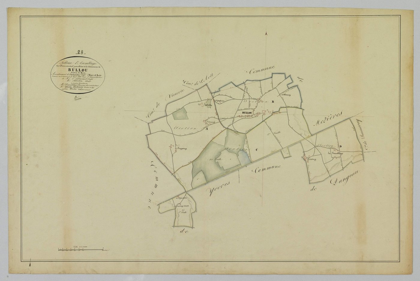 Tableau d'assemblage du plan cadastral parcellaire de la commune de Bullou, Canton de Brou, Arrondissement de Châteaudun / Terminé sur le terrain en 1823 (...) par Monsieur Delié, Géomètre secondaire.