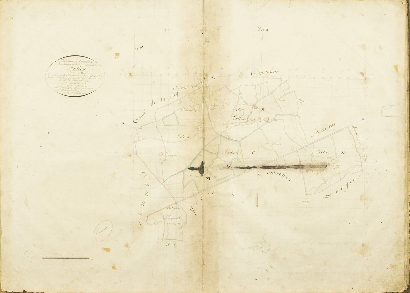 Tableau d'assemblage du plan cadastral parcellaire de la commune de Bullou, Canton de Brou, Arrondissement de Châteaudun / Terminé sur le terrain le 4 mars 1823 (...) par M. Delié, géomètre du cadastre.