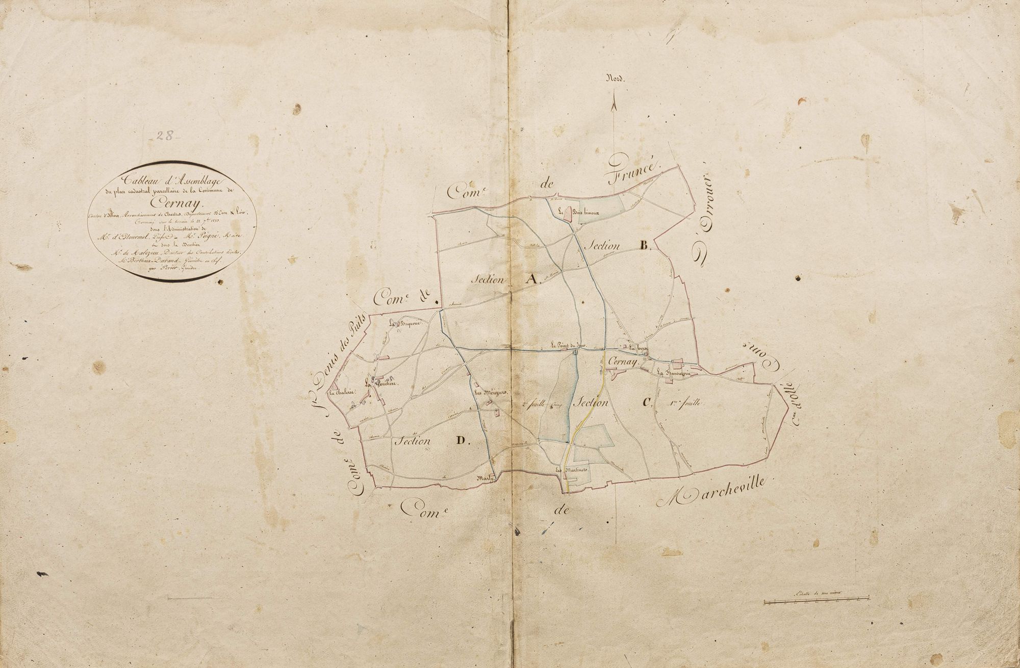 Tableau d'assemblage du plan cadastral parcellaire de la commune de Cernay, Canton d'Illiers, Arrondissement de Chartres / Terminé sur le terrain le 22 septembre 1823 (...) par M]onsieu]r Perier, géomètre.