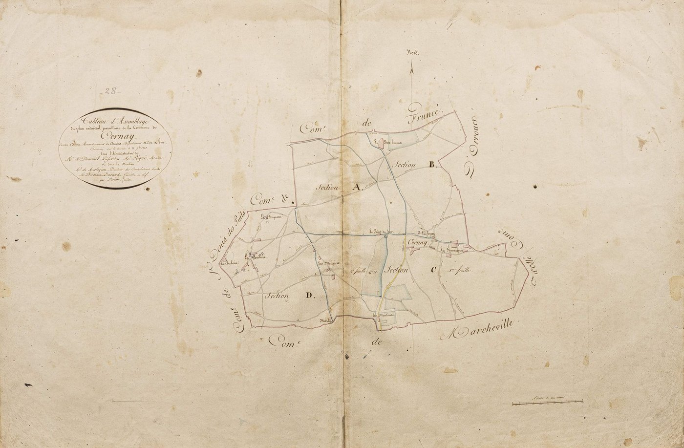 Tableau d'assemblage du plan cadastral parcellaire de la commune de Cernay, Canton d'Illiers, Arrondissement de Chartres / Terminé sur le terrain le 22 septembre 1823 (...) par M]onsieu]r Perier, géomètre.
