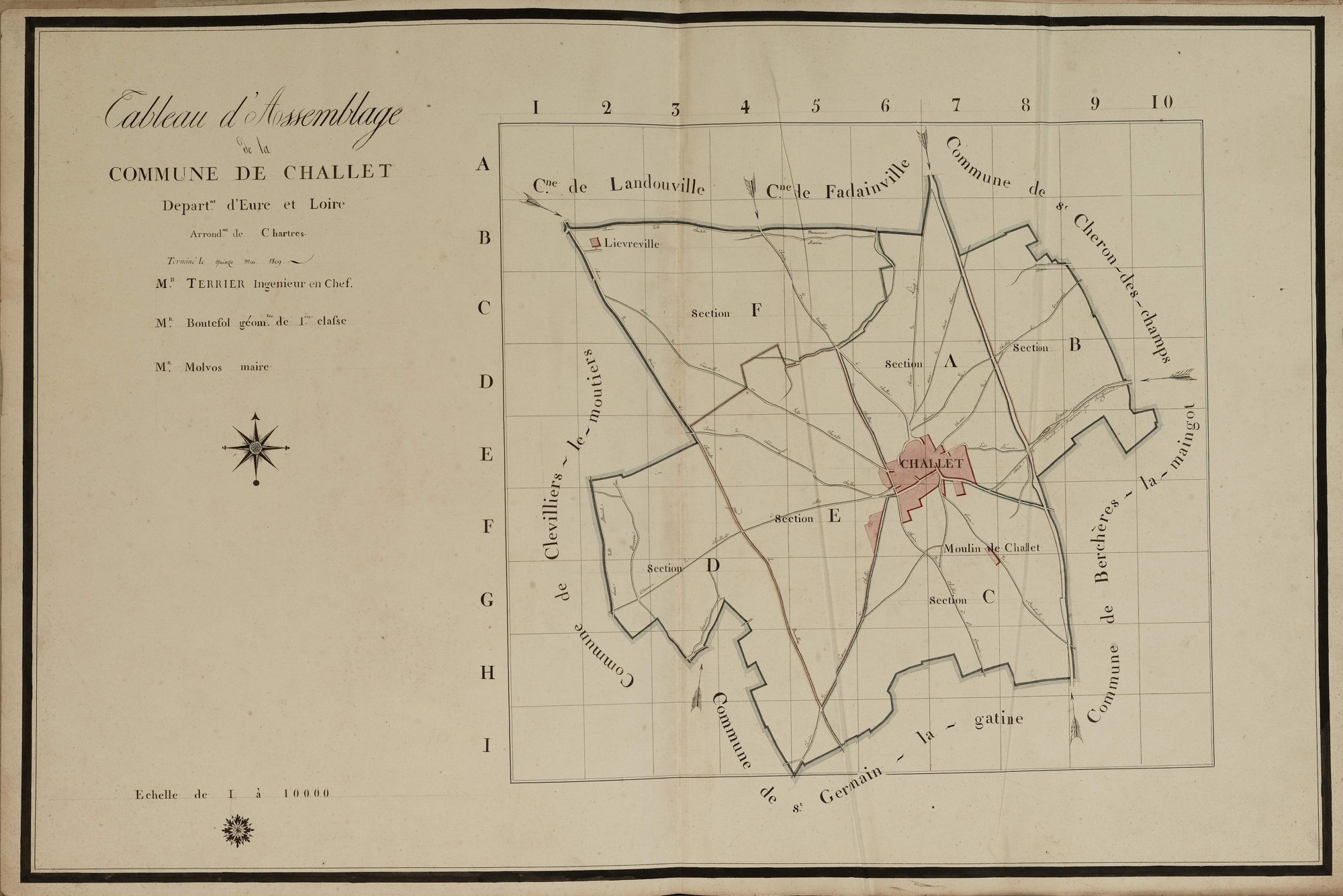 Tableau d'assemblage du plan parcellaire de la commune de Challet, Canton de Chartres, Arrondissement de Chartres / Terminé sur le terrain le 15 mai 1809 (...) par Monsieur Boutfol, Géomètre de 1ère classe.