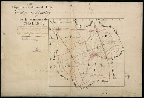 Tableau d'assemblage du plan cadastral parcellaire de la commune de Challet, Canton de Chartres-Nord, Arrondissement de Chartres / Terminé sur le terrain en mars 1809 (...) par Monsieur Boutefol-de-Fontaine, Géomètre de 1ère classe.