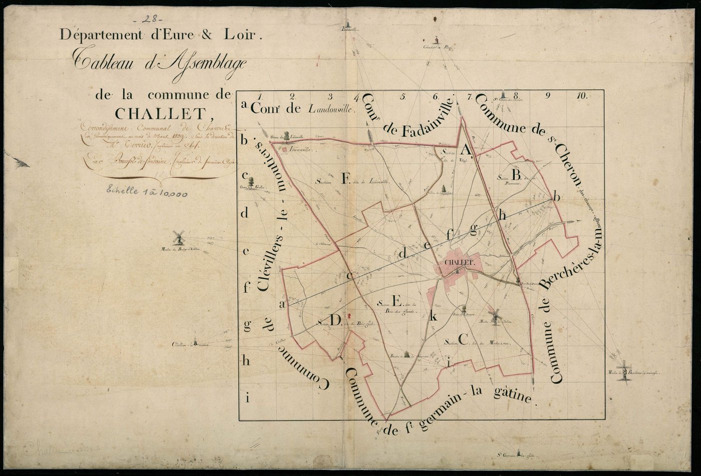 Tableau d'assemblage du plan cadastral parcellaire de la commune de Challet, Canton de Chartres-Nord, Arrondissement de Chartres / Terminé sur le terrain en mars 1809 (...) par Monsieur Boutefol-de-Fontaine, Géomètre de 1ère classe.