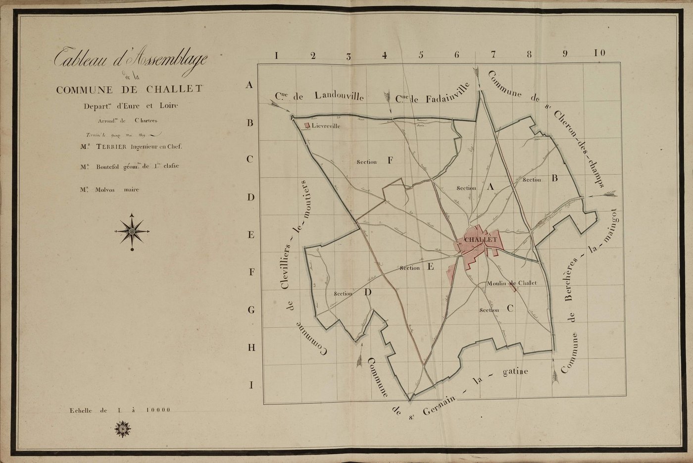 Tableau d'assemblage du plan parcellaire de la commune de Challet, Canton de Chartres, Arrondissement de Chartres / Terminé sur le terrain le 15 mai 1809 (...) par Monsieur Boutfol, Géomètre de 1ère classe.