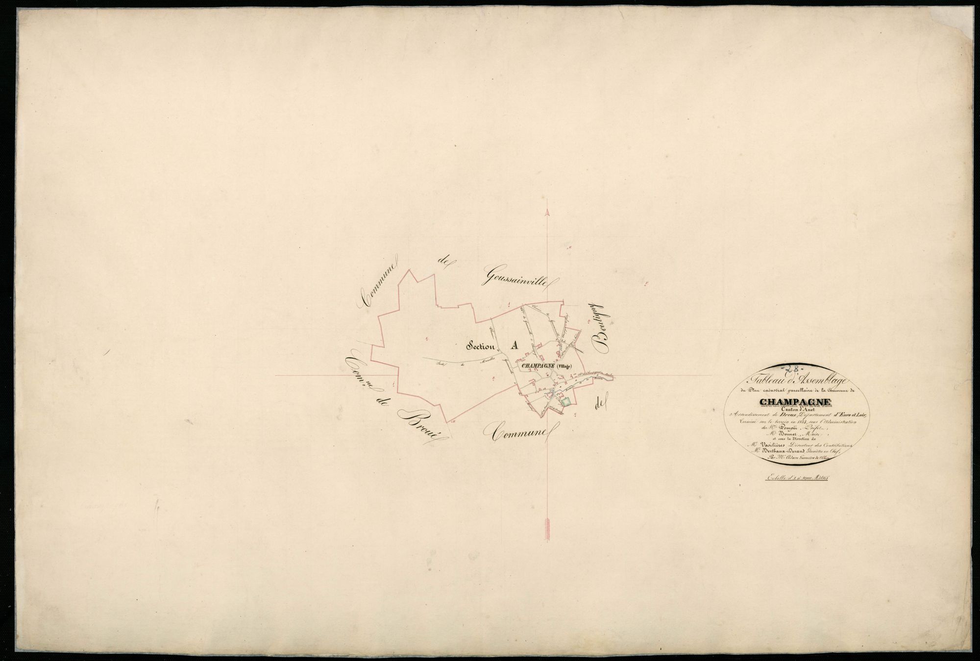 Tableau d'assemblage du plan cadastral parcellaire de la commune de Champagne, Canton d'Anet, Arrondissement de Dreux / Terminé sur le terrain en 1834 (...) par Monsieur Adam, Géomètre de 1ère Classe.