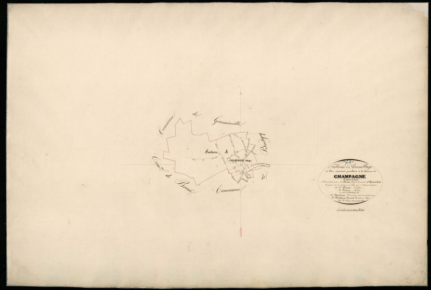 Tableau d'assemblage du plan cadastral parcellaire de la commune de Champagne, Canton d'Anet, Arrondissement de Dreux / Terminé sur le terrain en 1834 (...) par Monsieur Adam, Géomètre de 1ère Classe.