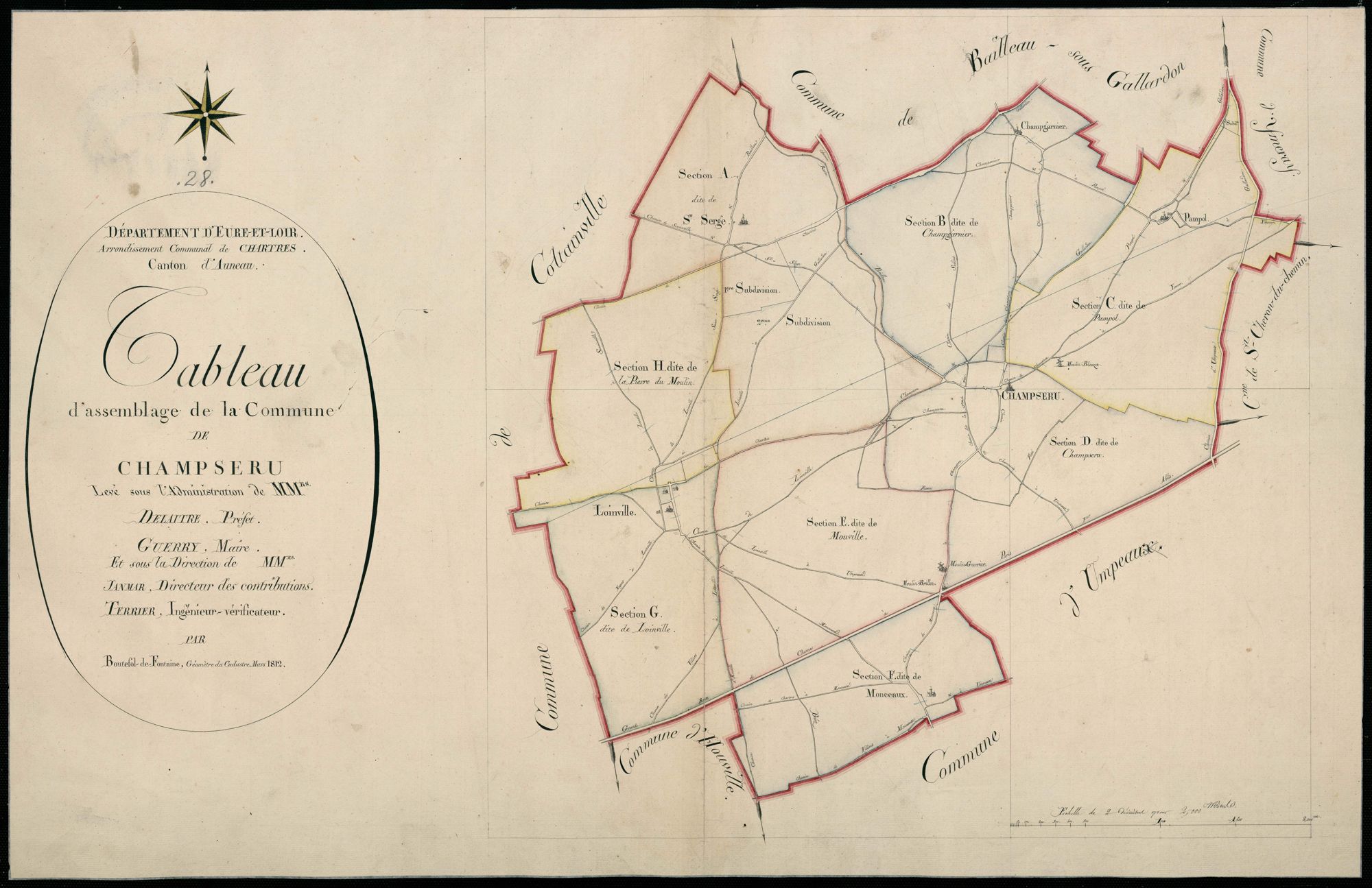 Tableau d'assemblage du plan cadastral parcellaire de la commune de Champseru, Canton d'Auneau, Arrondissement de Chartres / Terminé en mars 1812 (...) par Monsieur Boutefol de Fontaine, Géomètre du cadastre.