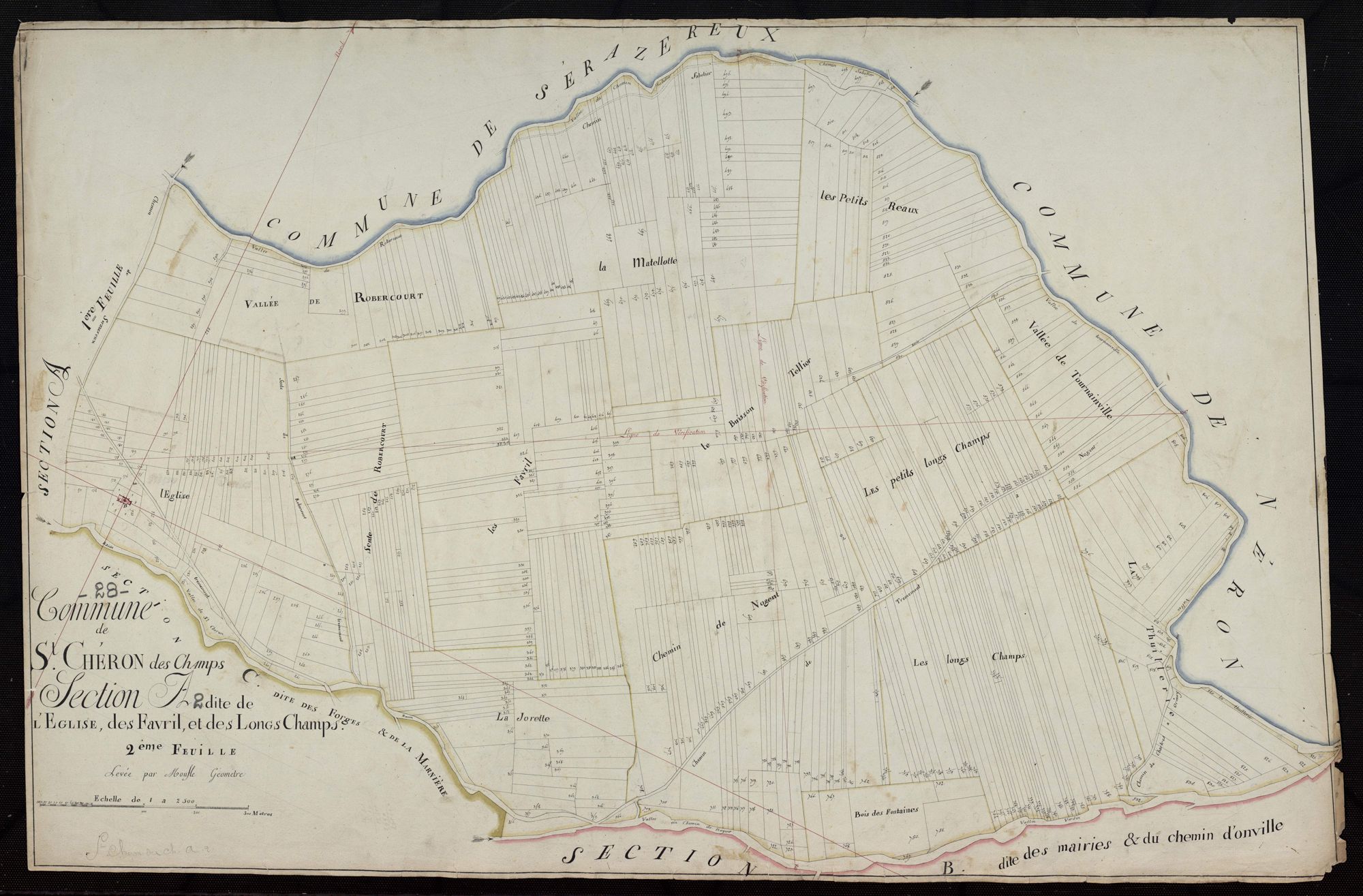 Section A, l'Eglise, les Favril, et les Longs Champs, feuille 2 / Terminée sur le terrain par Monsieur Moufle, Géomètre.