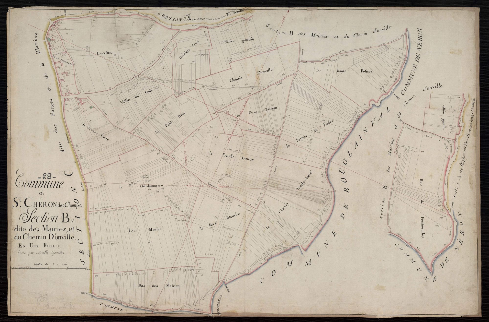 Section B, l'Eglise, les Mairies et le Chemin d'Onville, en une feuille / Terminée sur le terrain par Monsieur Moufle, Géomètre.