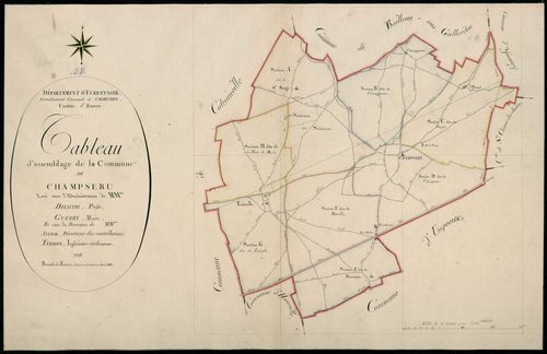 Tableau d'assemblage du plan cadastral parcellaire de la commune de Champseru, Canton d'Auneau, Arrondissement de Chartres / Terminé en mars 1812 (...) par Monsieur Boutefol de Fontaine, Géomètre du cadastre.