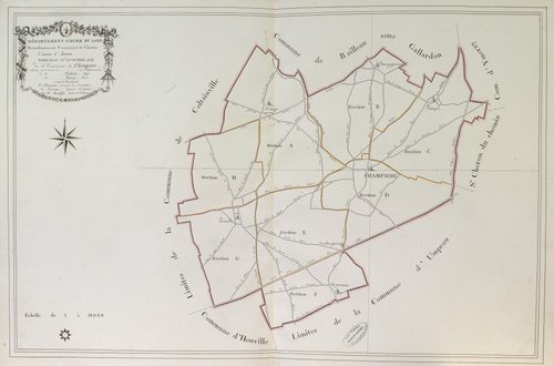 Tableau d'assemblage du plan parcellaire de la commune de Champseru, Canton d'Auneau, Arrondissement de Chartres / Terminé sur le terrain en [1812] (...) par Monsieur Boutefol, Géomètre du cadastre.