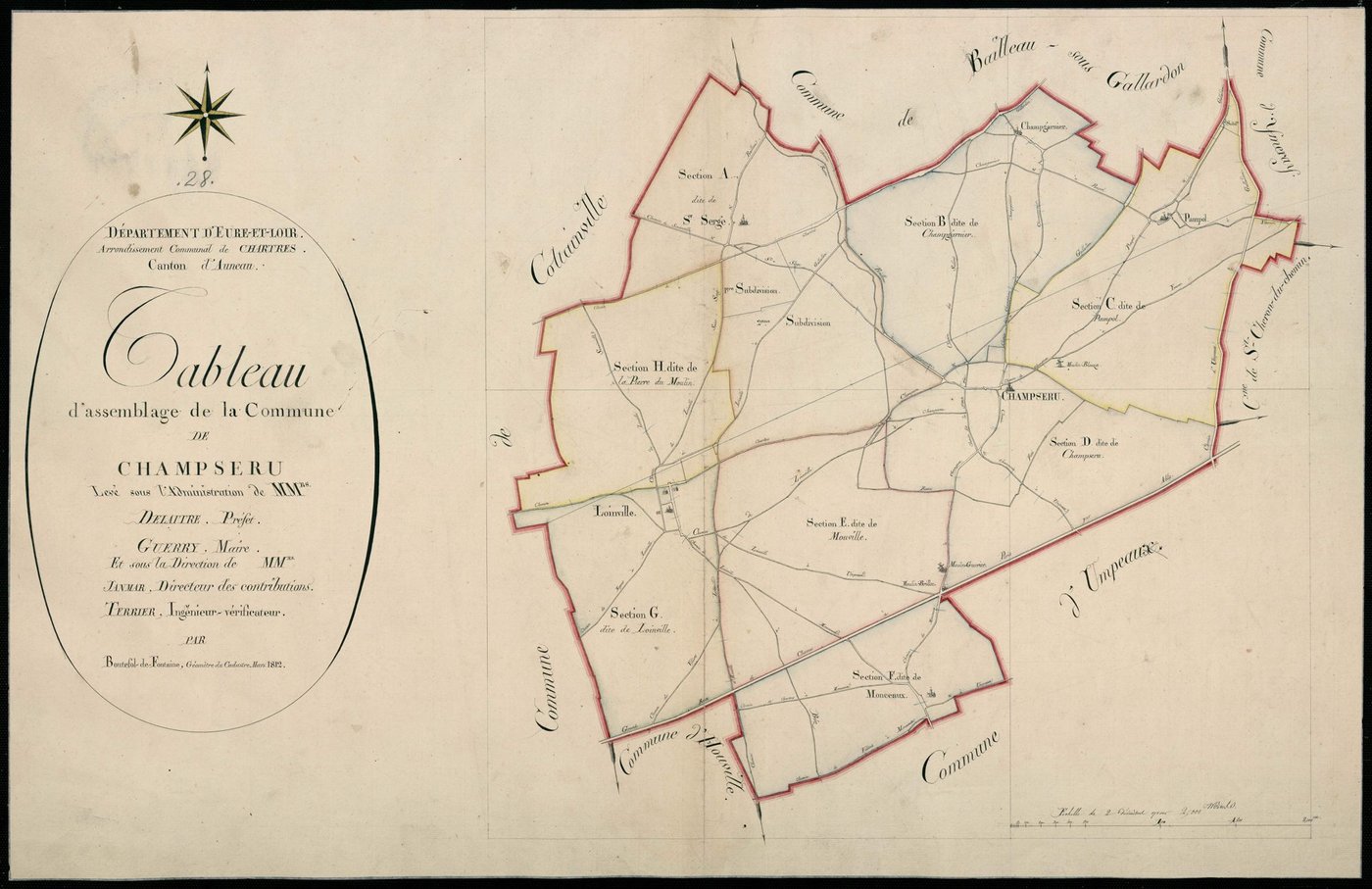 Tableau d'assemblage du plan cadastral parcellaire de la commune de Champseru, Canton d'Auneau, Arrondissement de Chartres / Terminé en mars 1812 (...) par Monsieur Boutefol de Fontaine, Géomètre du cadastre.
