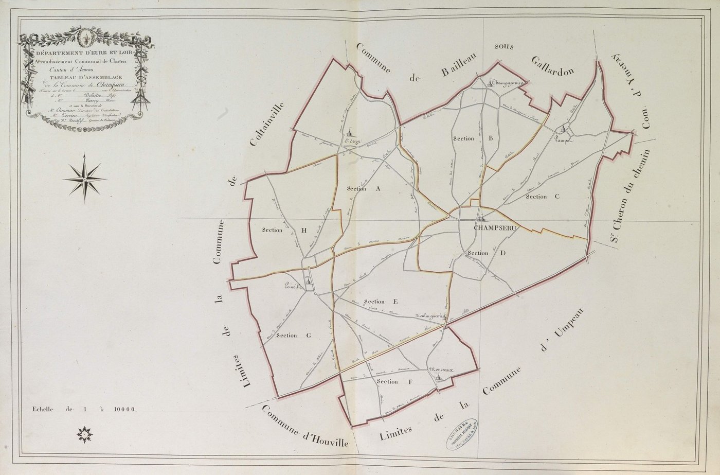 Tableau d'assemblage du plan parcellaire de la commune de Champseru, Canton d'Auneau, Arrondissement de Chartres / Terminé sur le terrain en [1812] (...) par Monsieur Boutefol, Géomètre du cadastre.