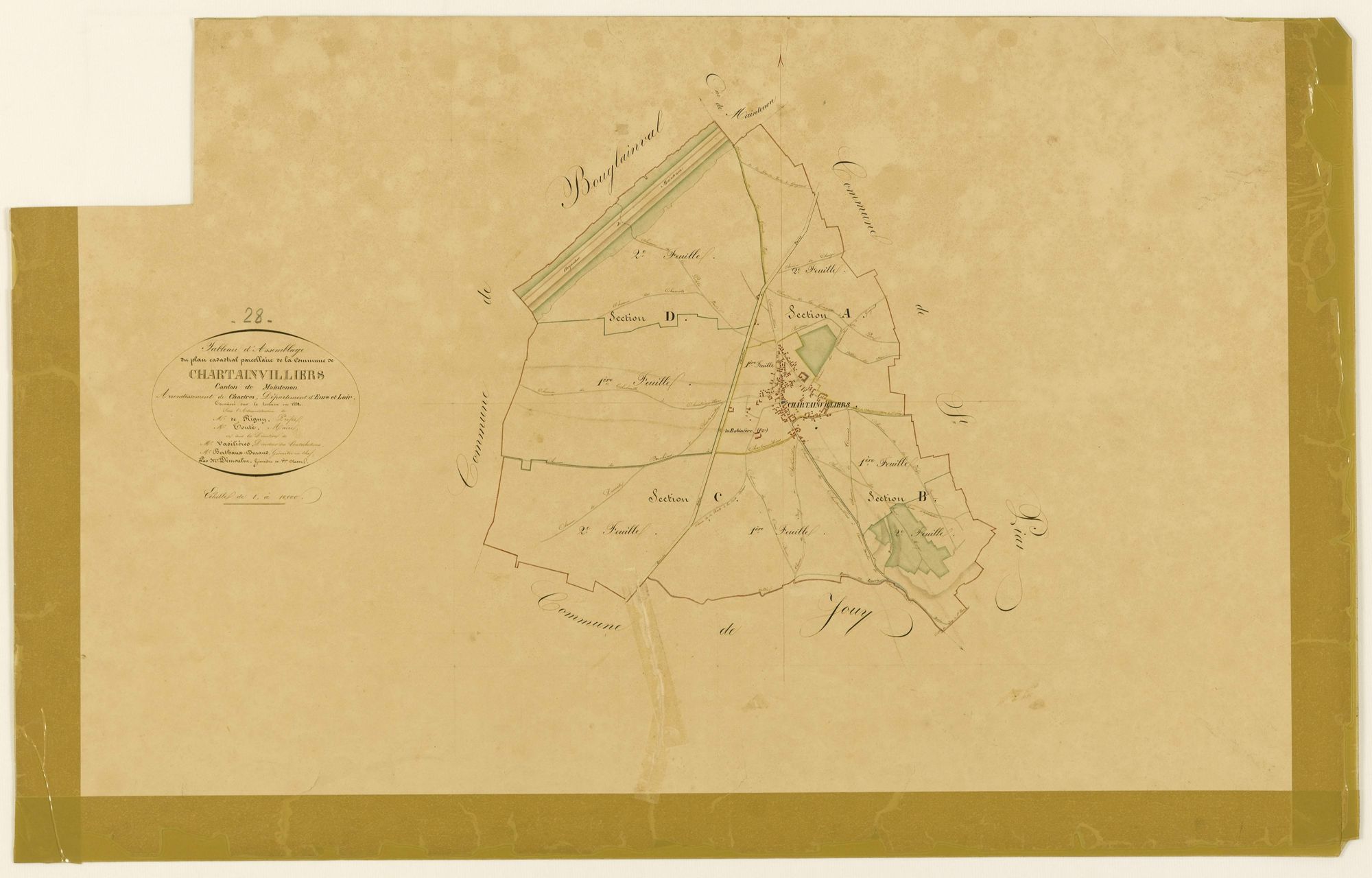 Tableau d'assemblage du plan cadastral parcellaire de la commune de Chartainvilliers, Canton de Maintenon, Arrondissement de Chartres / Terminé sur le terrain en 1832 (...) par Monsieur Démoulin, Géomètre de 1ère classe.