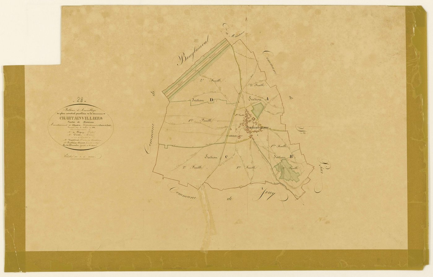 Tableau d'assemblage du plan cadastral parcellaire de la commune de Chartainvilliers, Canton de Maintenon, Arrondissement de Chartres / Terminé sur le terrain en 1832 (...) par Monsieur Démoulin, Géomètre de 1ère classe.