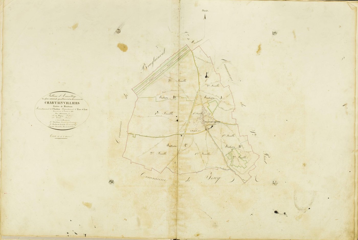 Tableau d'assemblage du plan cadastral parcellaire de la commune de Chartainvilliers, Canton de Maintenon, Arrondissement de Chartres/ Terminé sur le terrain en 1832 (...) par M. Démoulin, géomètre de 1ère classe.