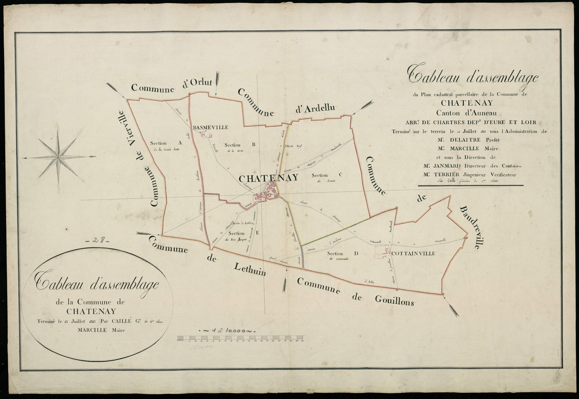 Tableau d'assemblage du plan cadastral parcellaire de la commune de Châtenay, Canton d'Auneau, Arrondissement de Chartres / Terminé sur le terrain en juillet 1813 (...) par Monsieur Caillé, Géomètre de 1ère classe.