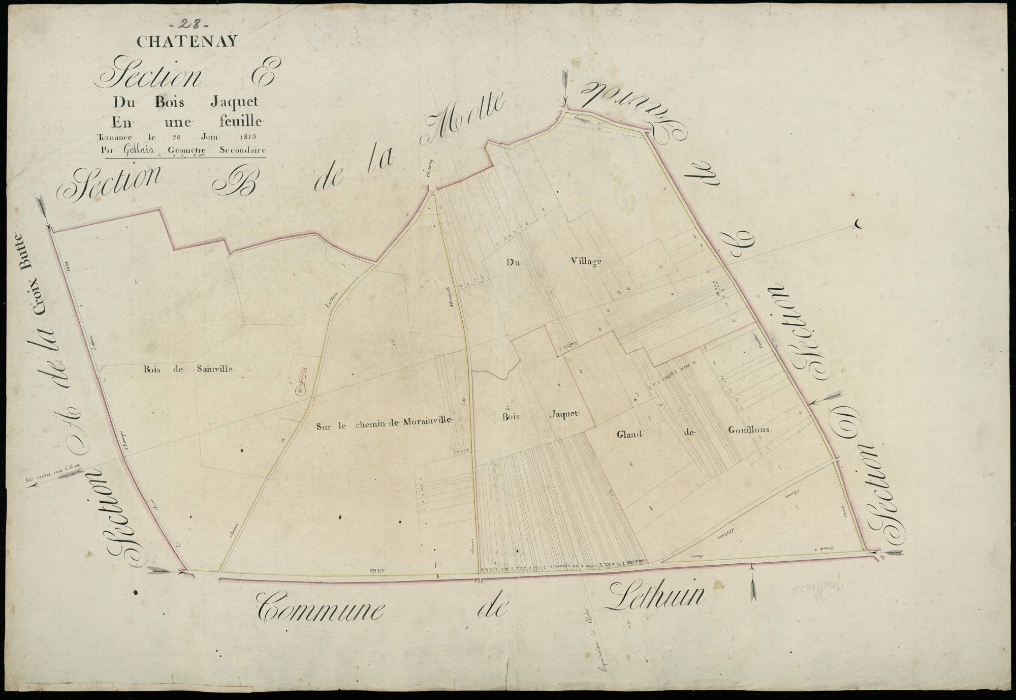 Section E, le Bois Jaquet, en une feuille / Terminée par Monsieur Gallais, Géomètre secondaire.