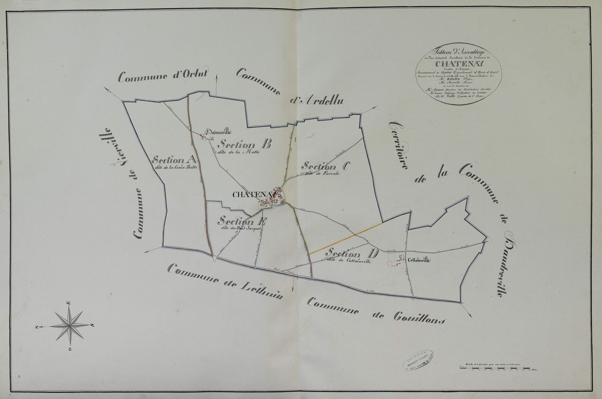 Tableau d'assemblage du plan parcellaire de la commune de Châtenay, Canton d'Auneau, Arrondissement de Chartres / Terminé sur le terrain le 13 juillet 1813 (...) par Monsieur Caillé, Géomètre de 1ère classe.