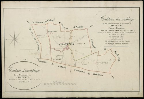 Tableau d'assemblage du plan cadastral parcellaire de la commune de Châtenay, Canton d'Auneau, Arrondissement de Chartres / Terminé sur le terrain en juillet 1813 (...) par Monsieur Caillé, Géomètre de 1ère classe.