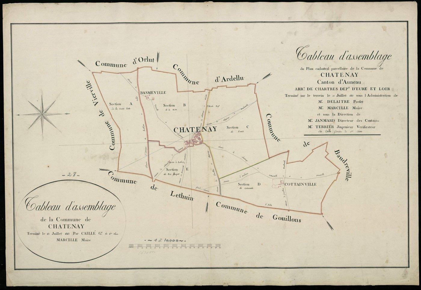 Tableau d'assemblage du plan cadastral parcellaire de la commune de Châtenay, Canton d'Auneau, Arrondissement de Chartres / Terminé sur le terrain en juillet 1813 (...) par Monsieur Caillé, Géomètre de 1ère classe.