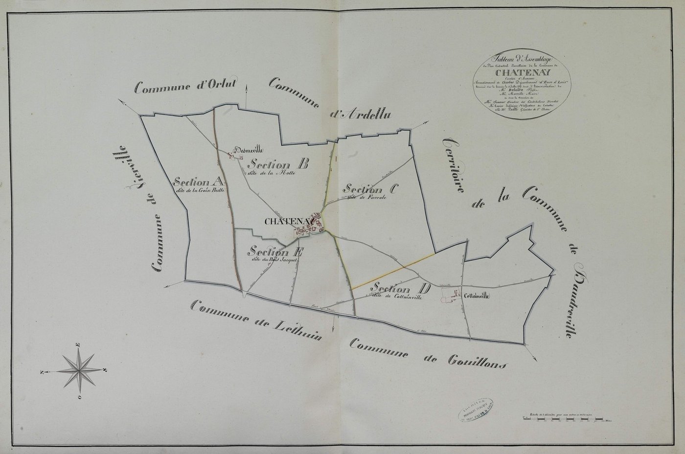 Tableau d'assemblage du plan parcellaire de la commune de Châtenay, Canton d'Auneau, Arrondissement de Chartres / Terminé sur le terrain le 13 juillet 1813 (...) par Monsieur Caillé, Géomètre de 1ère classe.