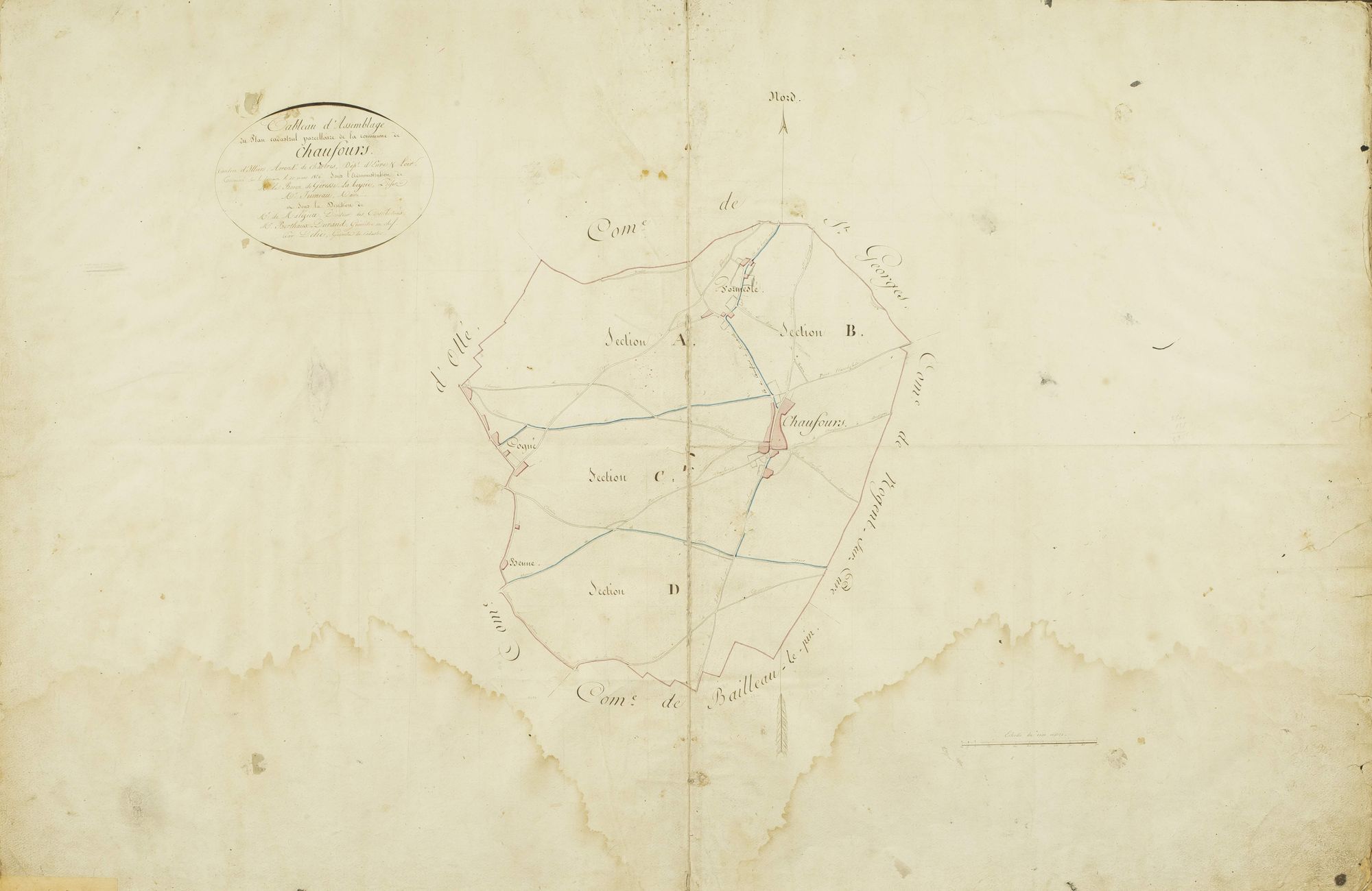 Tableau d'assemblage du plan parcellaire de la commune de Chauffours, Canton d'Illiers, Arrondissement de Chartres / Terminé sur le terrain le 10 mars 1826 (...) par Delié, géomètre du cadastre.