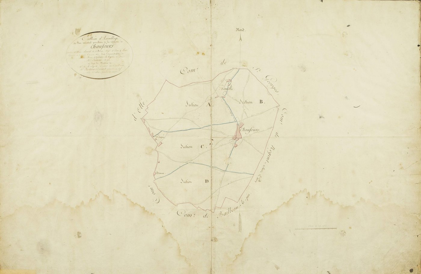 Tableau d'assemblage du plan parcellaire de la commune de Chauffours, Canton d'Illiers, Arrondissement de Chartres / Terminé sur le terrain le 10 mars 1826 (...) par Delié, géomètre du cadastre.