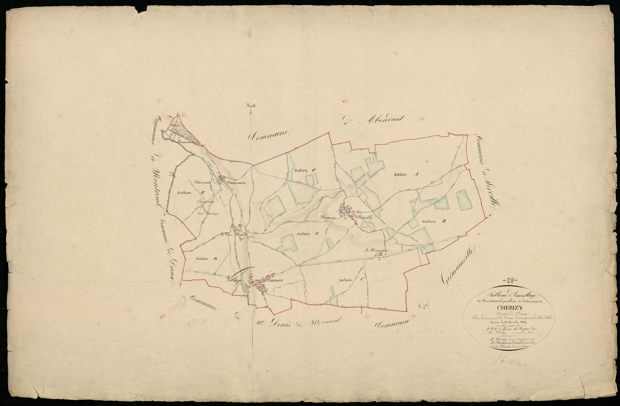 Tableau d'assemblage du plan cadastral parcellaire de la commune de Cherisy, Canton de Dreux, Arrondissement de Dreux / Terminé en décembre 1829 (...) par Monsieur Lelouatre, Géomètre de 1ère classe.