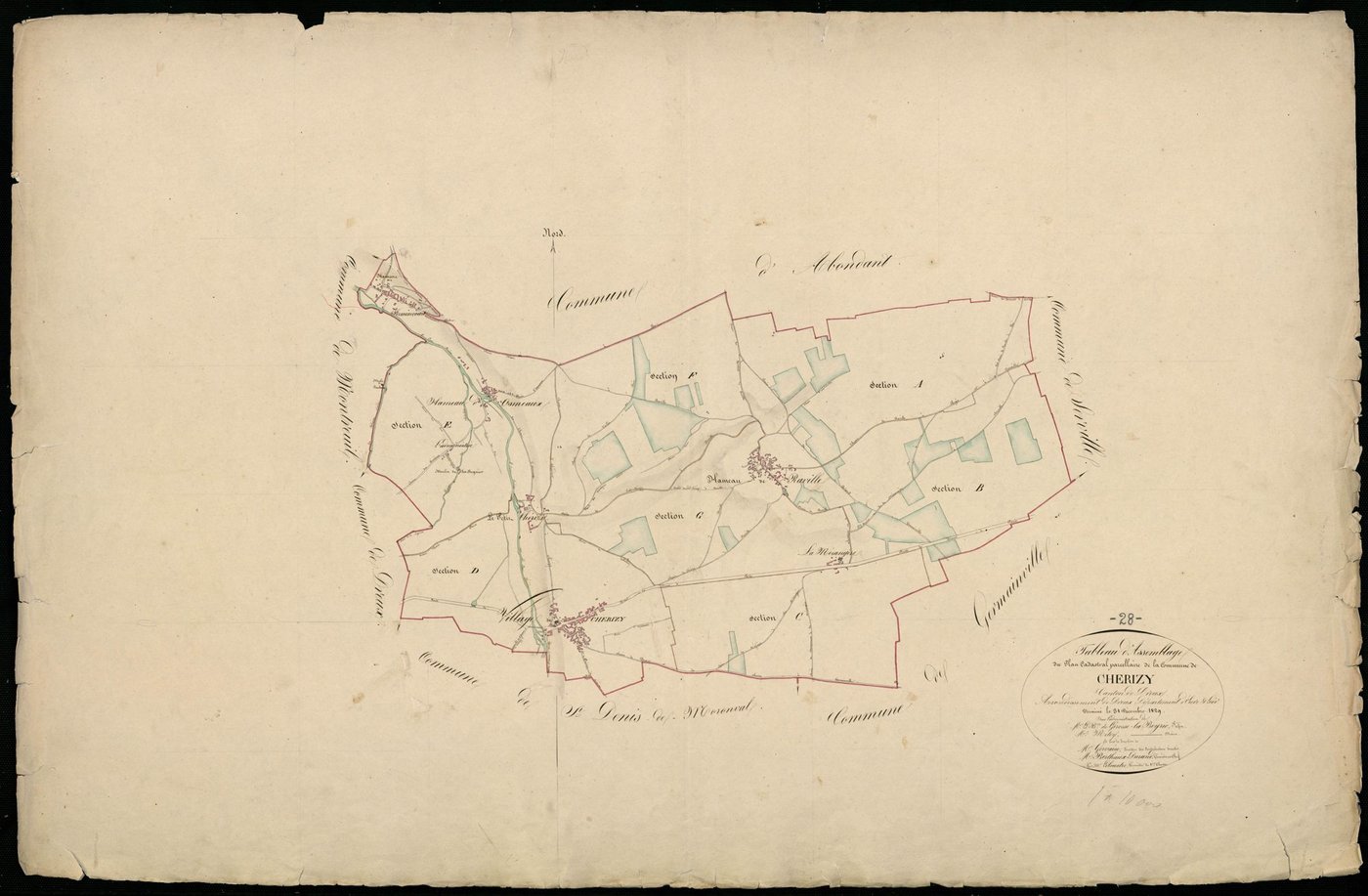Tableau d'assemblage du plan cadastral parcellaire de la commune de Cherisy, Canton de Dreux, Arrondissement de Dreux / Terminé en décembre 1829 (...) par Monsieur Lelouatre, Géomètre de 1ère classe.