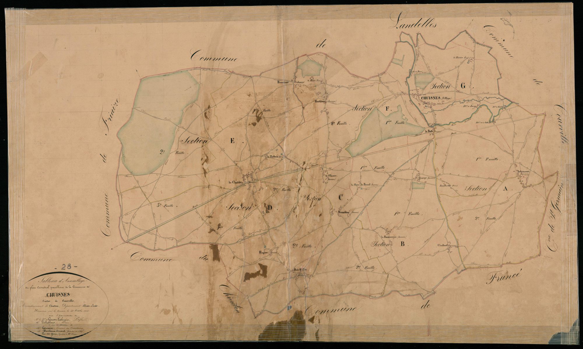 Tableau d'assemblage du plan cadastral parcellaire de la commune de Chuisnes, Canton de Courville, Arrondissement de Chartres / Terminé, sur le terrain en octobre 1830 (...) par Monsieur Yvon, Géomètre de 1ère classe.