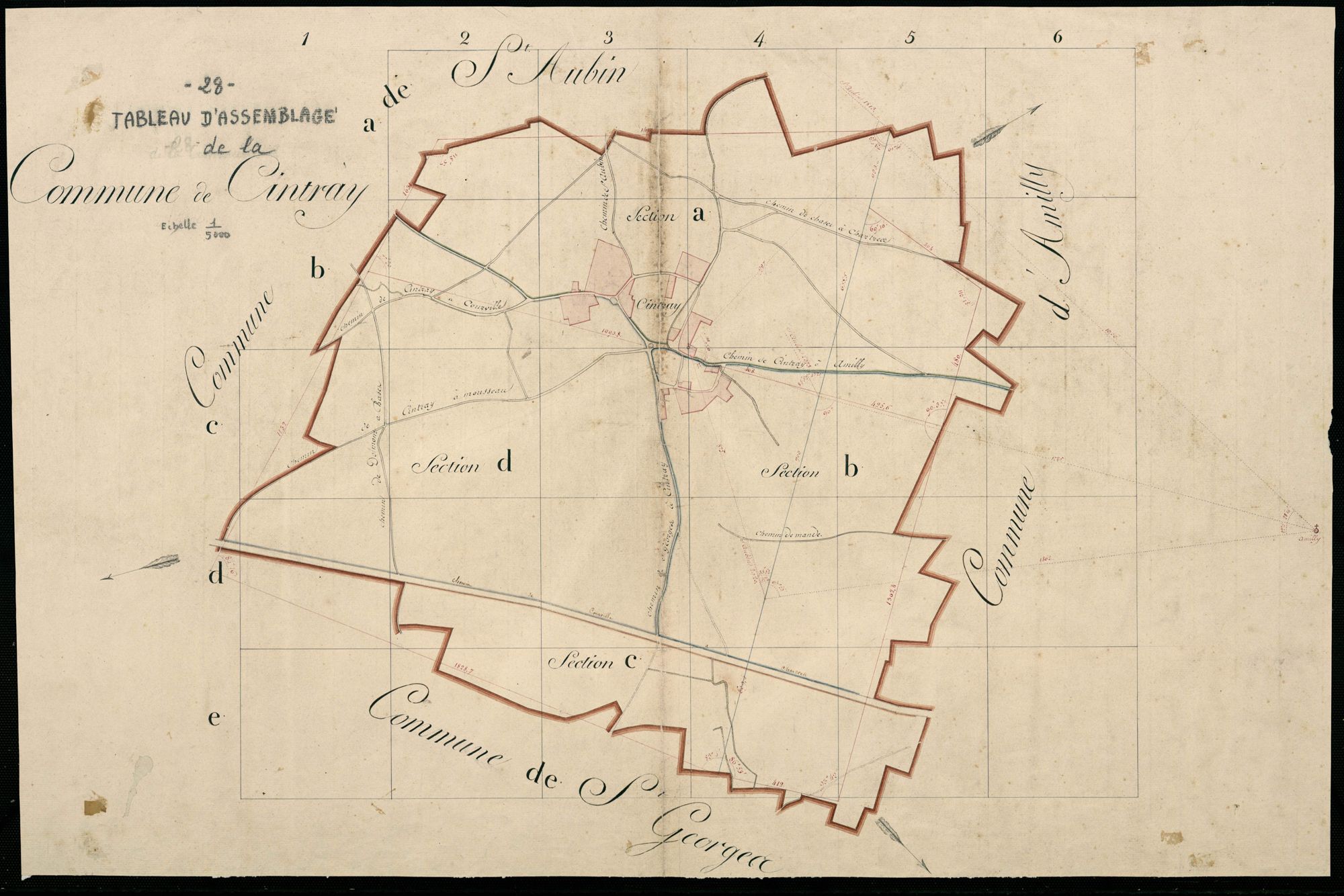 Tableau d'assemblage du plan cadastral parcellaire de la commune de Cintray, Canton de Chartres-Nord, Arrondissement de Chartres.
