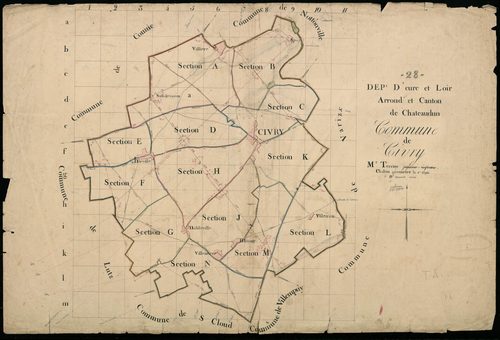 Tableau d'assemblage du plan cadastral parcellaire de la commune de Civry, Canton de Châteaudun, Arrondissement de Châteaudun / Terminé (...) par Monsieur Chabin, Géomètre de 1ère classe.