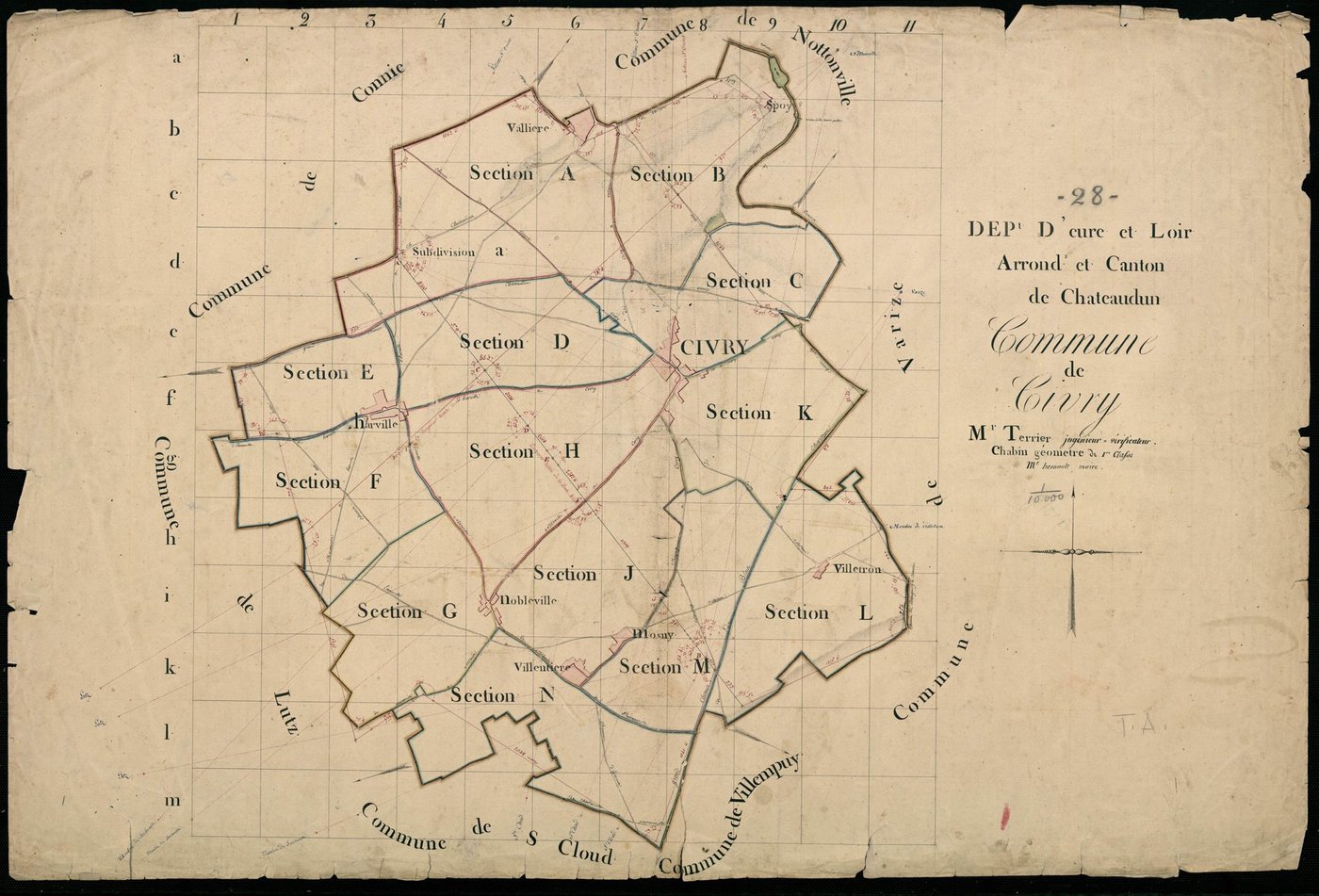 Tableau d'assemblage du plan cadastral parcellaire de la commune de Civry, Canton de Châteaudun, Arrondissement de Châteaudun / Terminé (...) par Monsieur Chabin, Géomètre de 1ère classe.