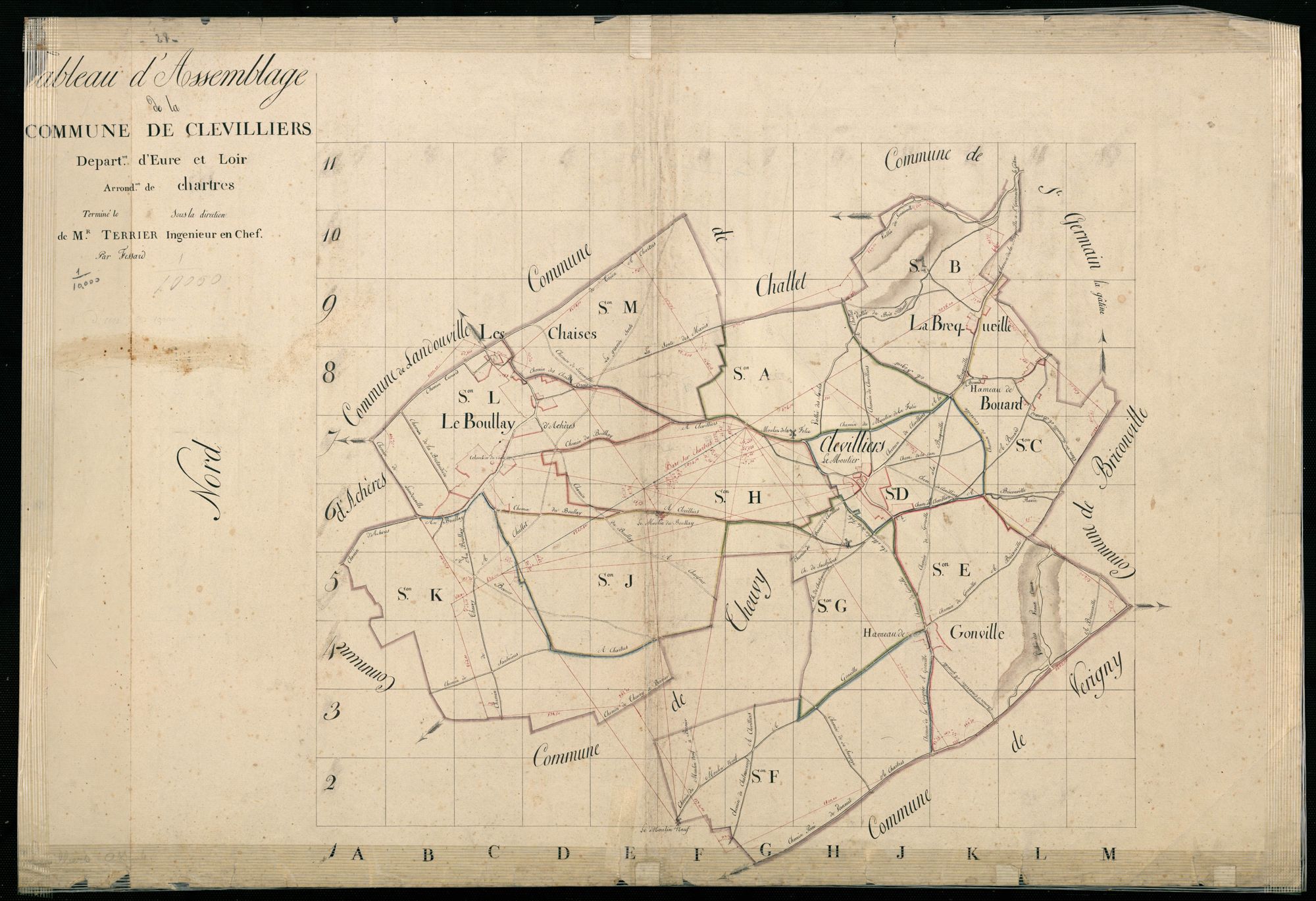 Tableau d'assemblage du plan cadastral parcellaire de la commune de Clévilliers, Canton de Chartres-Nord, Arrondissement de Chartres / Terminé sur le terrain en 1809 (...) par Monsieur Fessard, Géomètre.