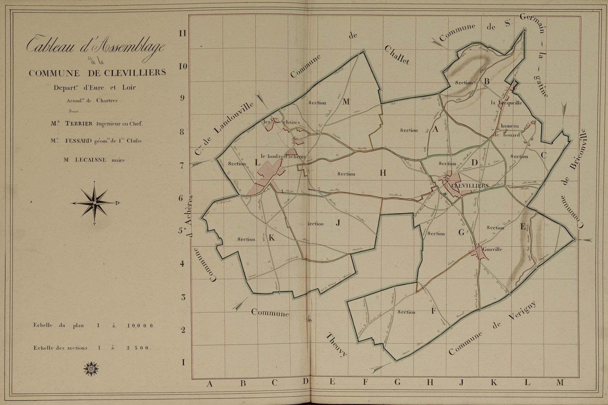 Tableau d'assemblage du plan parcellaire de la commune de Clévilliers, Canton de Chartres, Arrondissement de Chartres / Terminé sur le terrain en [1809] (...) par Monsieur Fessard, Géomètre de 1ère classe.