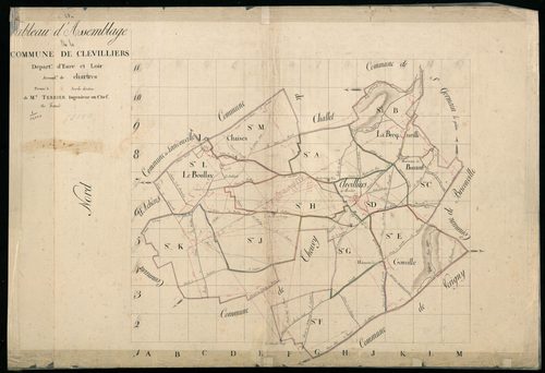 Tableau d'assemblage du plan cadastral parcellaire de la commune de Clévilliers, Canton de Chartres-Nord, Arrondissement de Chartres / Terminé sur le terrain en 1809 (...) par Monsieur Fessard, Géomètre.