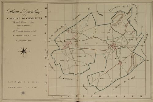 Tableau d'assemblage du plan parcellaire de la commune de Clévilliers, Canton de Chartres, Arrondissement de Chartres / Terminé sur le terrain en [1809] (...) par Monsieur Fessard, Géomètre de 1ère classe.