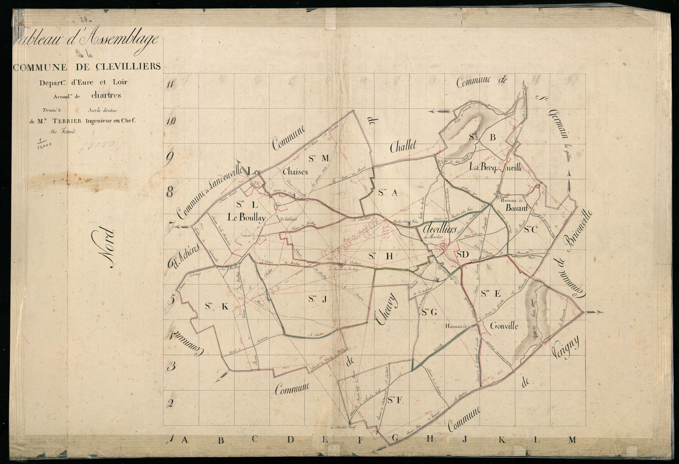 Tableau d'assemblage du plan cadastral parcellaire de la commune de Clévilliers, Canton de Chartres-Nord, Arrondissement de Chartres / Terminé sur le terrain en 1809 (...) par Monsieur Fessard, Géomètre.