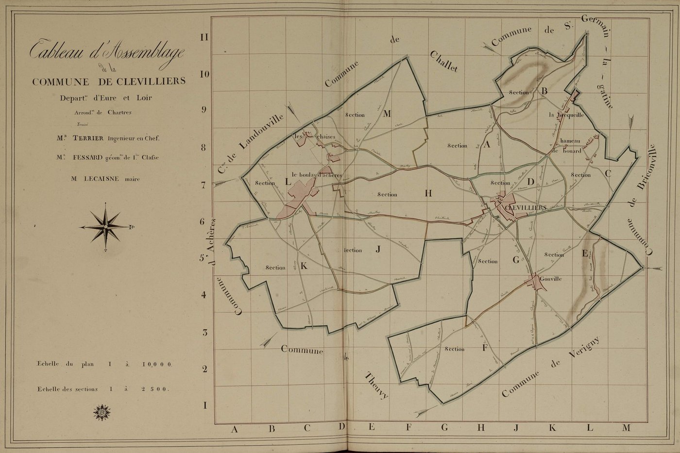 Tableau d'assemblage du plan parcellaire de la commune de Clévilliers, Canton de Chartres, Arrondissement de Chartres / Terminé sur le terrain en [1809] (...) par Monsieur Fessard, Géomètre de 1ère classe.