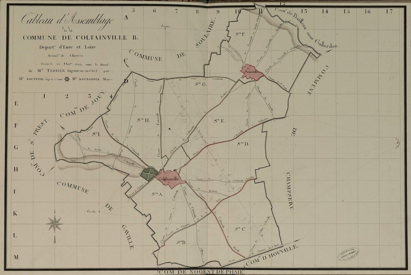 Tableau d'assemblage du plan parcellaire de la commune de Coltainville, Canton de Chartres, Arrondissement de Chartres / Terminé sur le terrain le 25 octobre 1808 (...) par Monsieur Boutefol, Géomètre de 1ère classe.