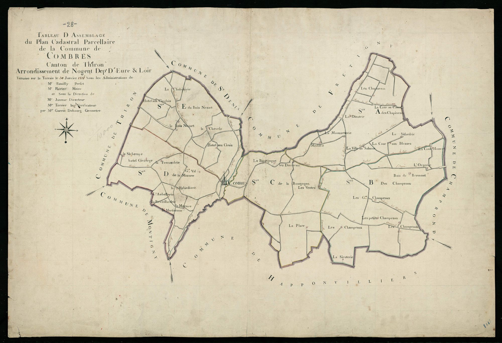 Tableau d'assemblage du plan cadastral parcellaire de la commune de Combres, Canton de Thiron, Arrondissement de Nogent-le-Rotrou / Terminé sur le terrain en janvier 1814 (...) par Monsieur Guérin-Dubourg, Géomètre.