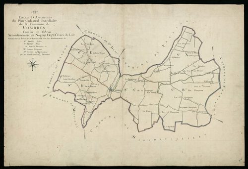 Tableau d'assemblage du plan cadastral parcellaire de la commune de Combres, Canton de Thiron, Arrondissement de Nogent-le-Rotrou / Terminé sur le terrain en janvier 1814 (...) par Monsieur Guérin-Dubourg, Géomètre.