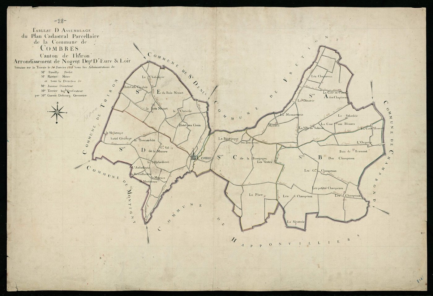 Tableau d'assemblage du plan cadastral parcellaire de la commune de Combres, Canton de Thiron, Arrondissement de Nogent-le-Rotrou / Terminé sur le terrain en janvier 1814 (...) par Monsieur Guérin-Dubourg, Géomètre.
