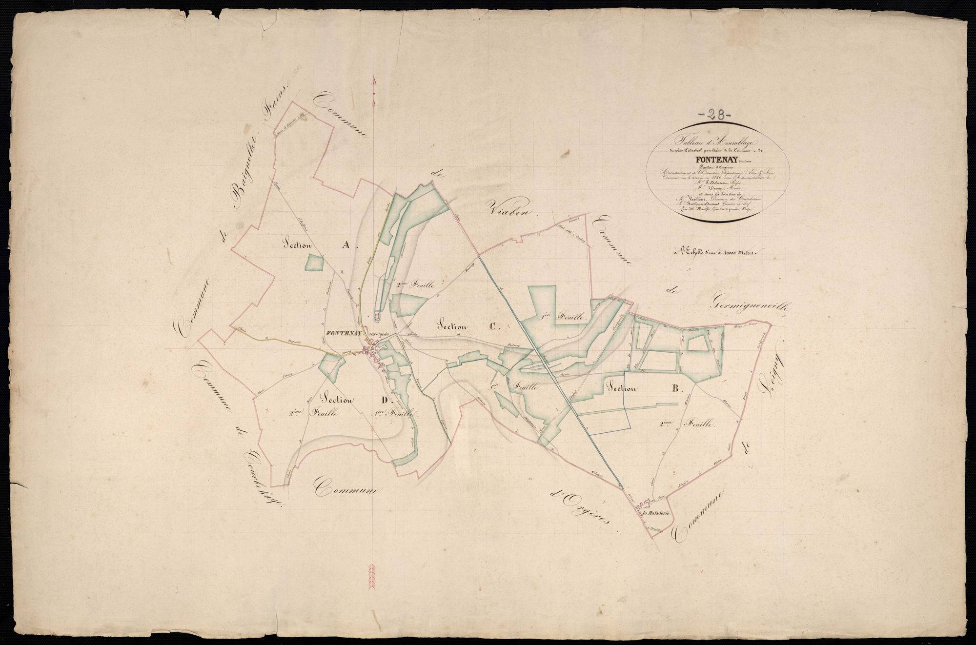 Tableau d'assemblage du plan cadastral parcellaire de la commune de Fontenay-sur-Conie, Canton d'Orgères, Arrondissement de Châteaudun / Terminé sur le terrain en 1836 (...) par Monsieur Moufle, Géomètre de 1ère classe.