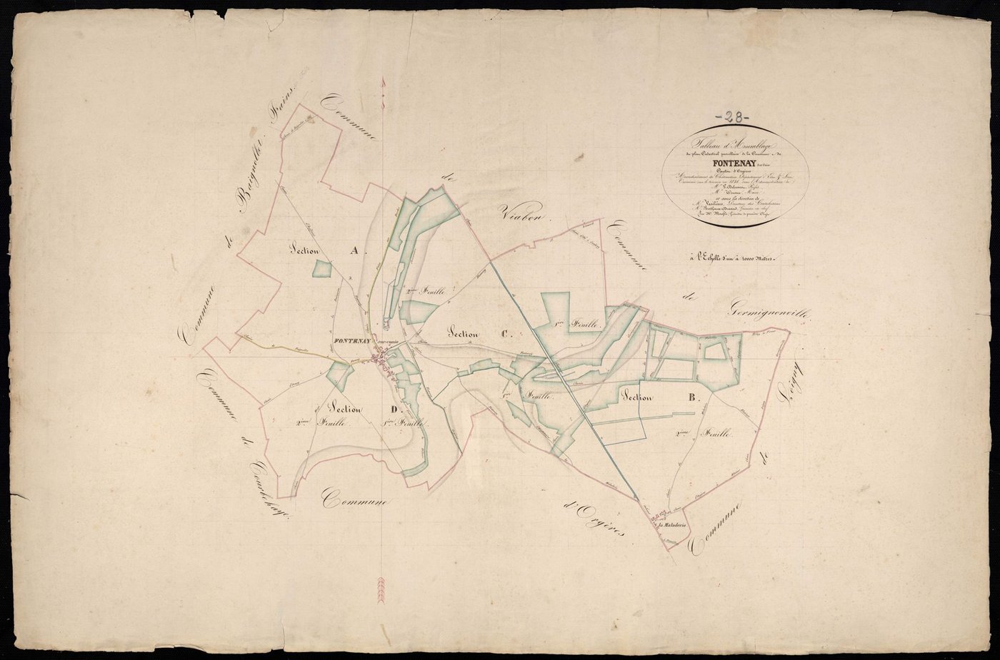 Tableau d'assemblage du plan cadastral parcellaire de la commune de Fontenay-sur-Conie, Canton d'Orgères, Arrondissement de Châteaudun / Terminé sur le terrain en 1836 (...) par Monsieur Moufle, Géomètre de 1ère classe.