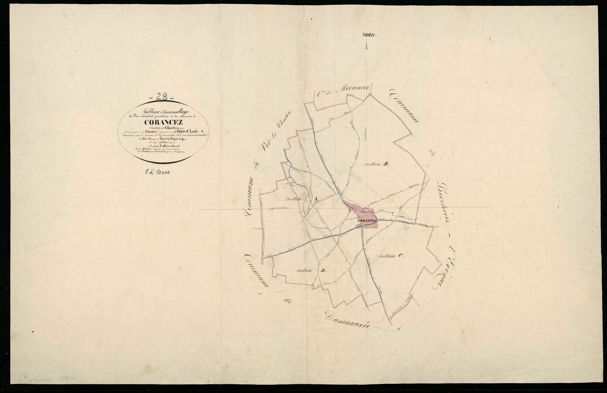 Tableau d'assemblage du plan cadastral parcellaire de la commune de Corancez, Canton de Chartres, Arrondissement de Chartres / Terminé sur le terrain en novembre 1825 (...) par Monsieur Berthaux-Durand, Ingénieur.