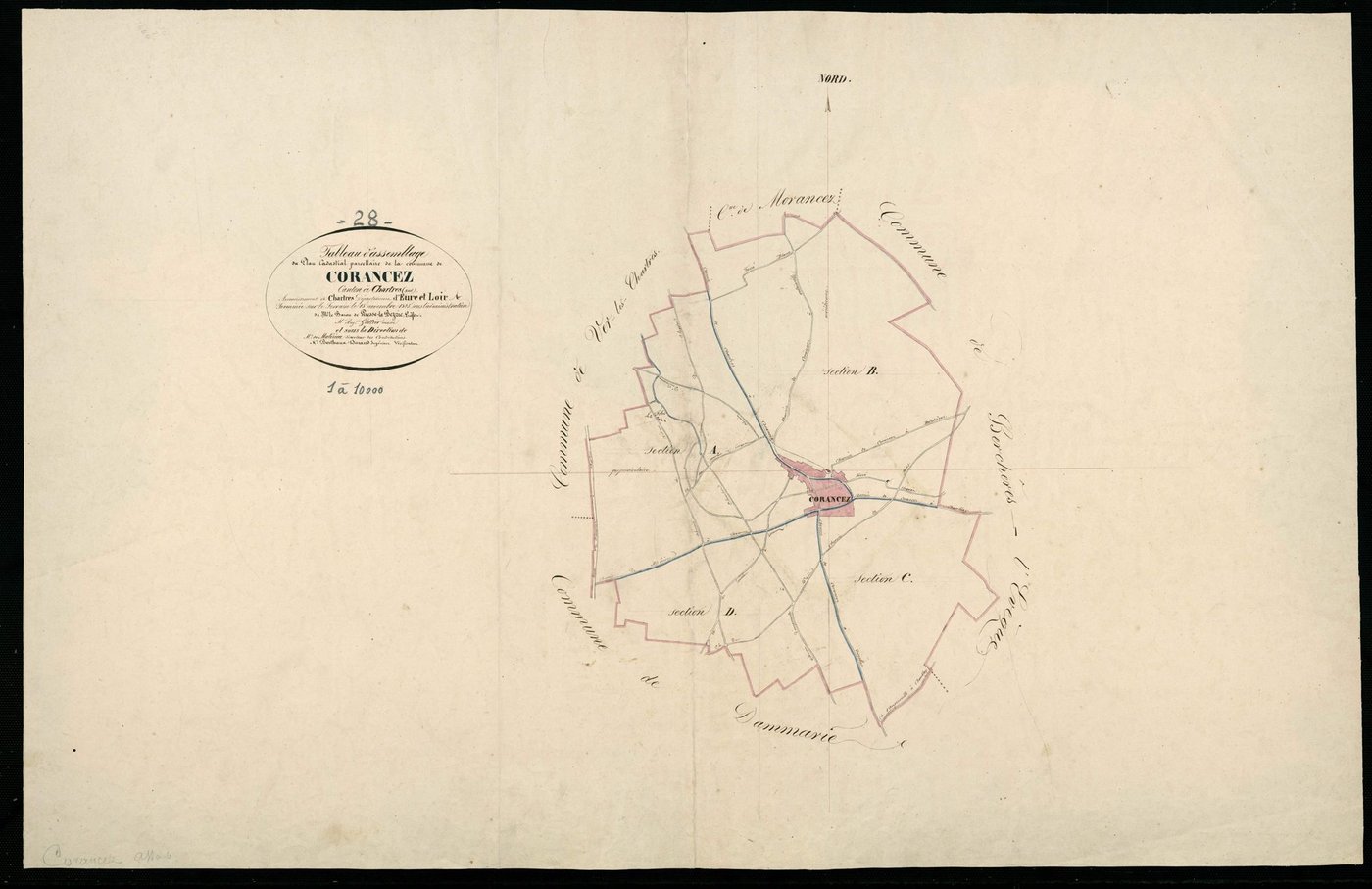 Tableau d'assemblage du plan cadastral parcellaire de la commune de Corancez, Canton de Chartres, Arrondissement de Chartres / Terminé sur le terrain en novembre 1825 (...) par Monsieur Berthaux-Durand, Ingénieur.