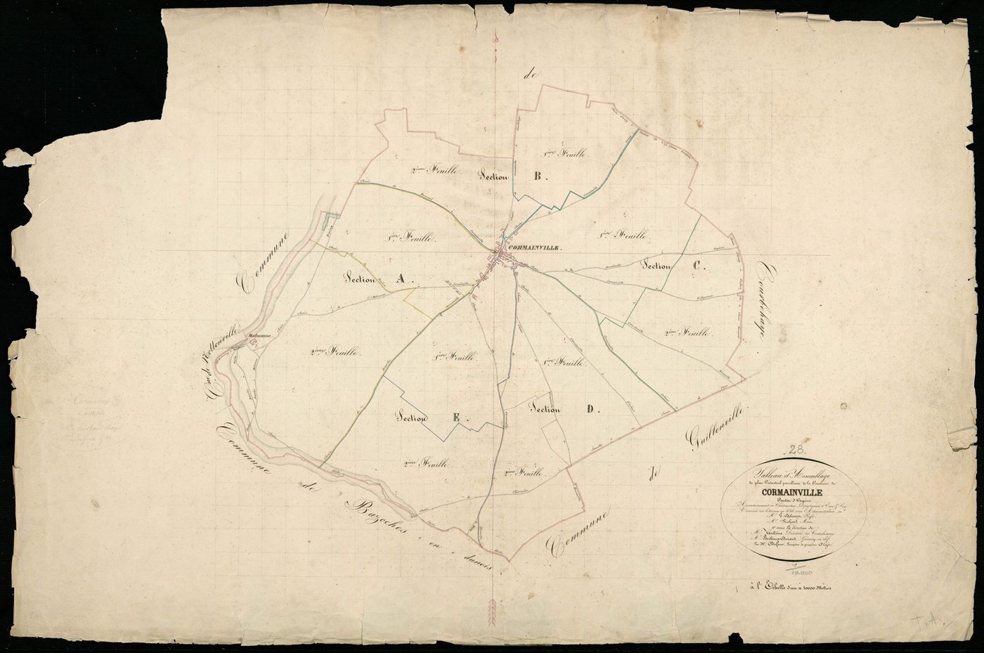 Tableau d'assemblage du plan cadastral parcellaire de la commune de Cormainville, Canton d'Orgères-en-Beauce, Arrondissement de Châteaudun / Terminé sur le terrain en 1836 (...) par Monsieur Dufour, Géomètre de 1ère classe.